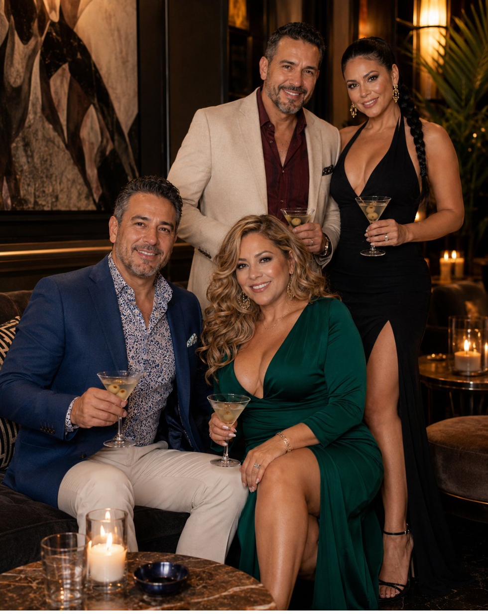 Parejas elegantes brindando con respeto en una reunión liberal