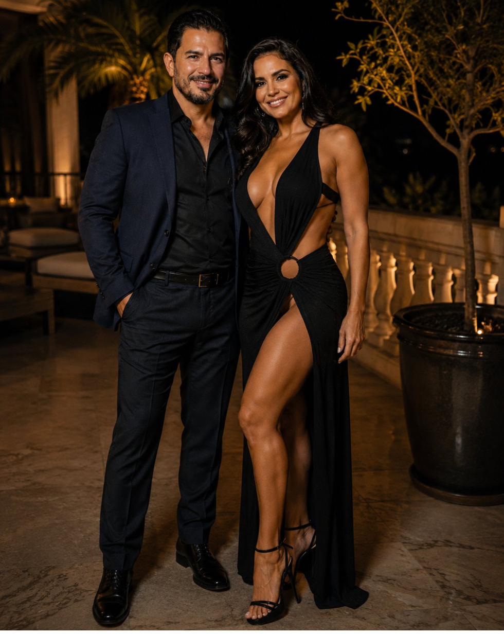 Pareja elegante abrazada en una terraza nocturna de lujo